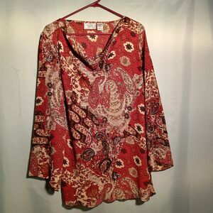 Boho Paisley Cowl Neck Blouse – Red & Brown Floral Print – Size 1X